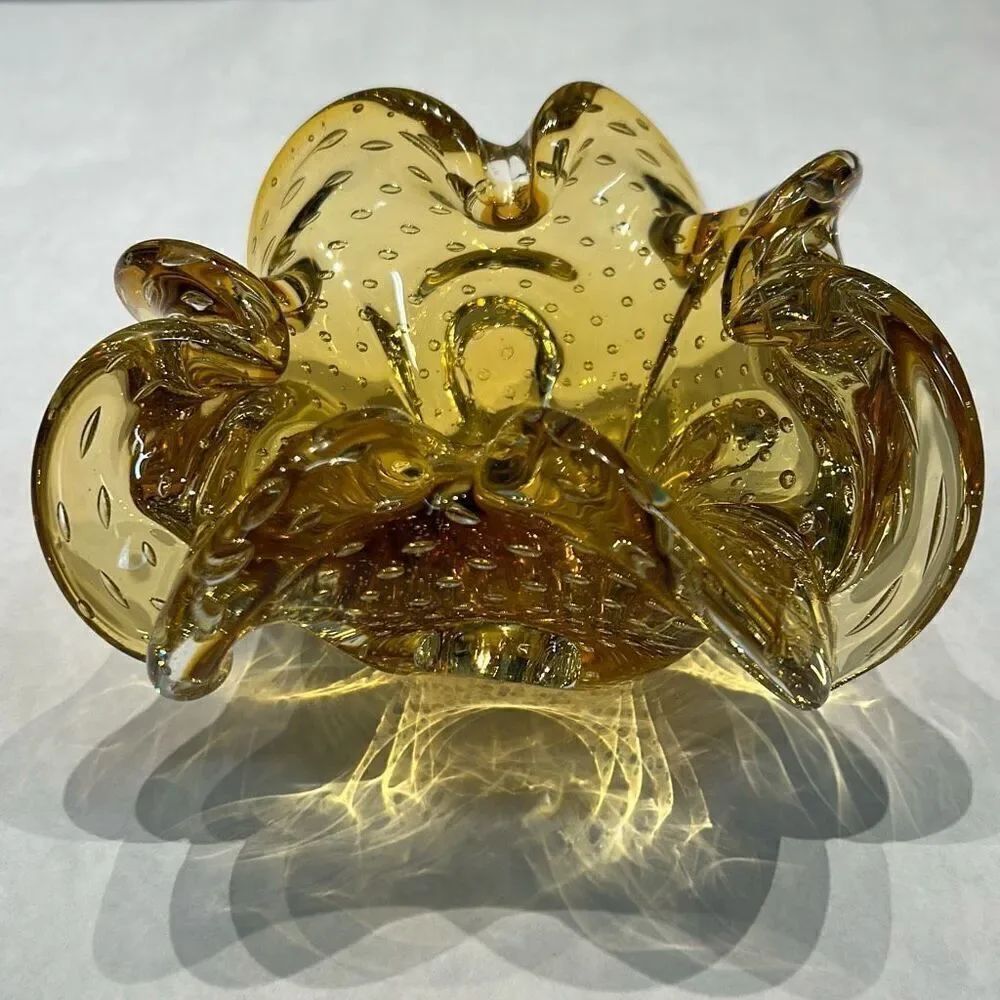 Vtg Amber Flower Bowl Bubble Glass Ashtray MCM Mid-Century Heavy Art Gold Brown